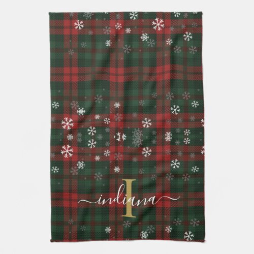 Plaid Monogram Script Snowflakes Rustic Name Kitchen Towel