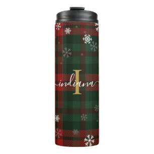 Plaid Monogram Script Snowflakes Rustic Name Thermal Tumbler