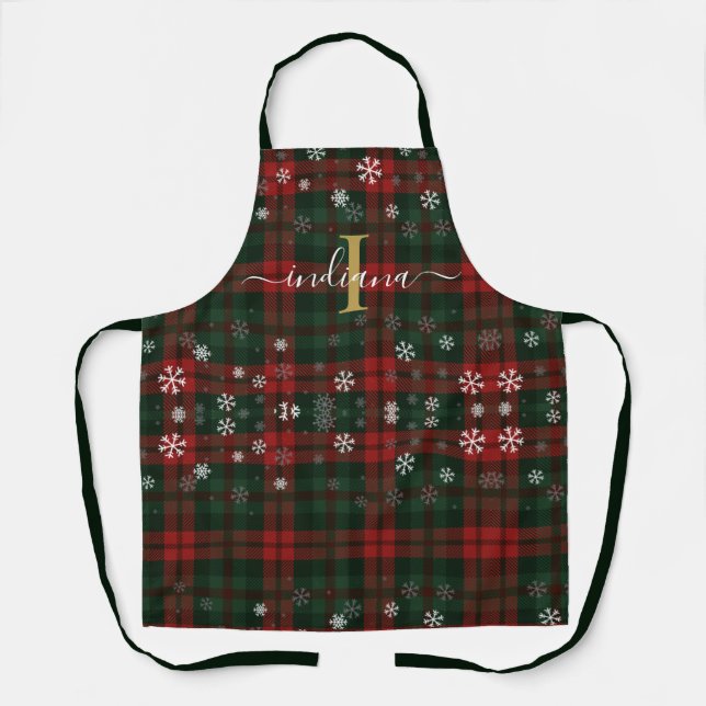 Plaid Monogram Script Snowflakes Tartan Custom Apron (Front)