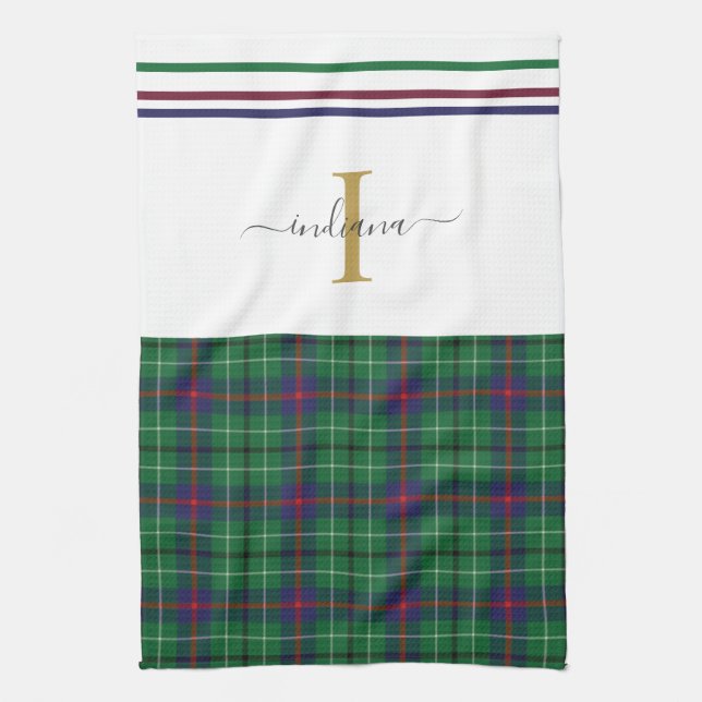 Plaid Monogram Script Tartan Rustic Custom Kitchen Towel (Vertical)