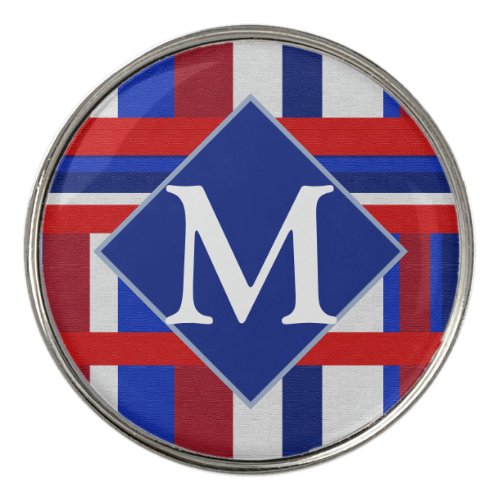 Plaid Monogrammed in Red White  Blue Golf Ball Marker