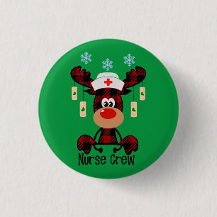 Plaid Moose Nurse Crew Funny Nurses Button