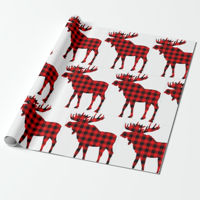 Plaid Moose Wrapping Paper (Unrolled)