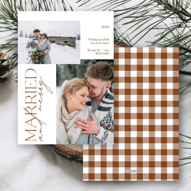 Plaid Mr and Mrs Married & Merry Photo Holiday Card (Creator Uploaded)