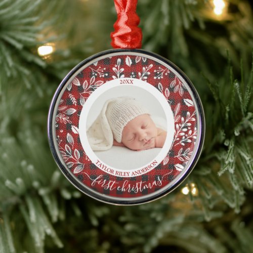 Plaid My First Christmas Photo Metal Ornament