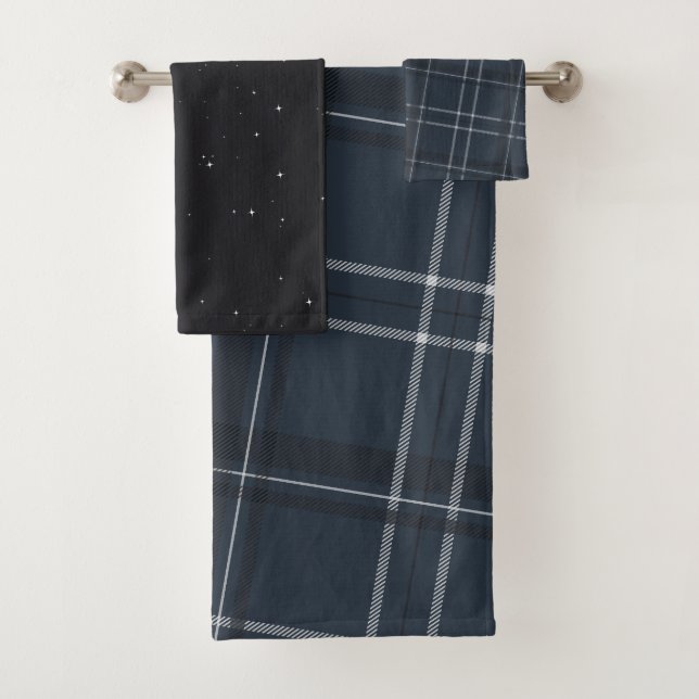 Plaid navy blue holiday stars bath towel set (Insitu)