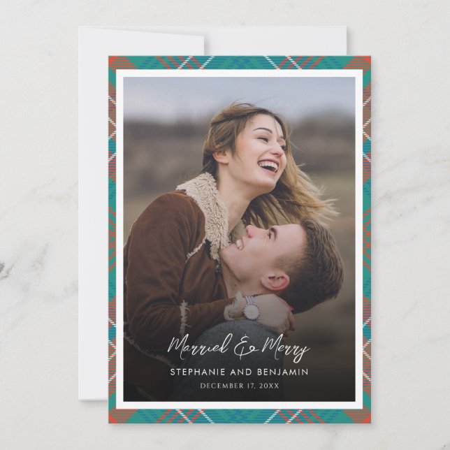 Plaid Newlywed Photo Married Merry Wilson Tartan Holiday Card (Front)