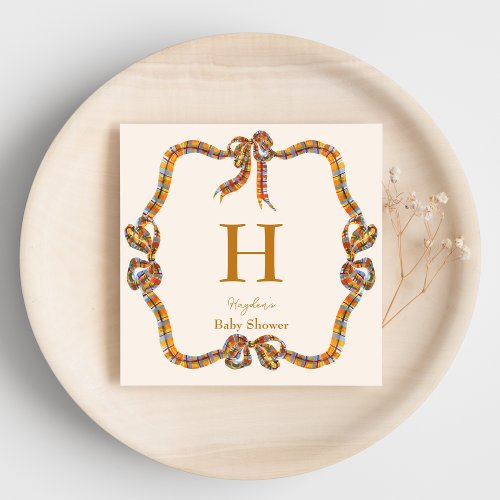 Plaid Orange Blue Monogram Personalized Napkin