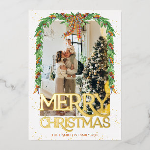 Plaid Orange Bow Photo Gold Foil Merry Christmas  Invitation