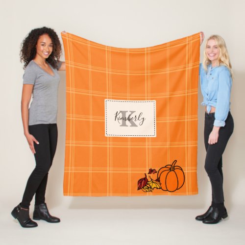 Plaid Orange Pumpkin Monogram Fleece Blanket