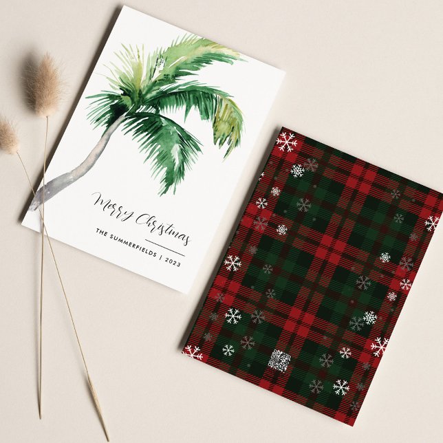 Plaid Palm Tree Holiday Merry Christmas Card (Christmas Palm Tree Greetings Plaid Card)