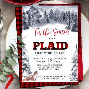 Plaid Party Winter Mountains and Fox Buffalo Plaid Invitation