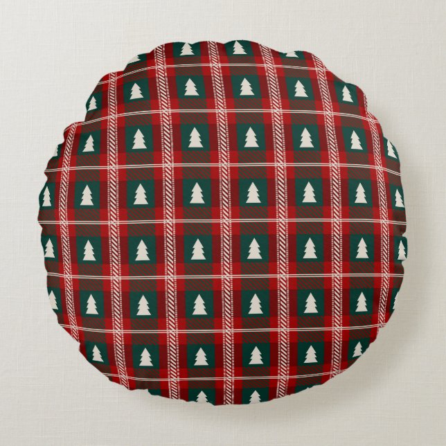 Plaid Patchwork Christmas Tree Pattern Round Pillow (Front)