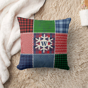 Plaid Patchwork Monogrammed Snowflake Quilt Design Throw Pillow