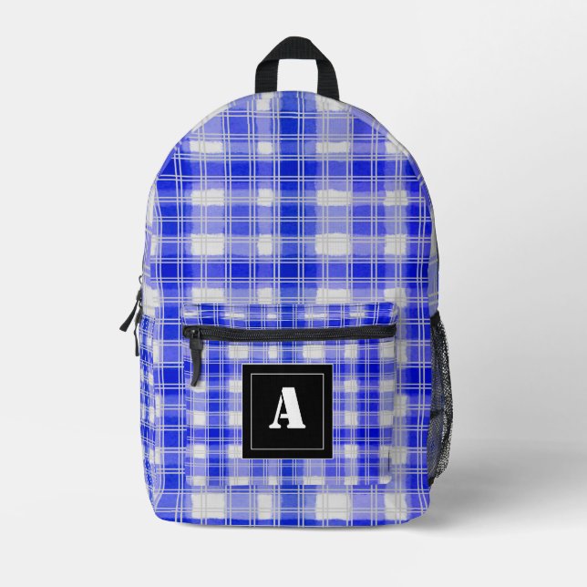 Plaid Pattern Gingham Check Dark Blue Monogram Printed Backpack (Front)