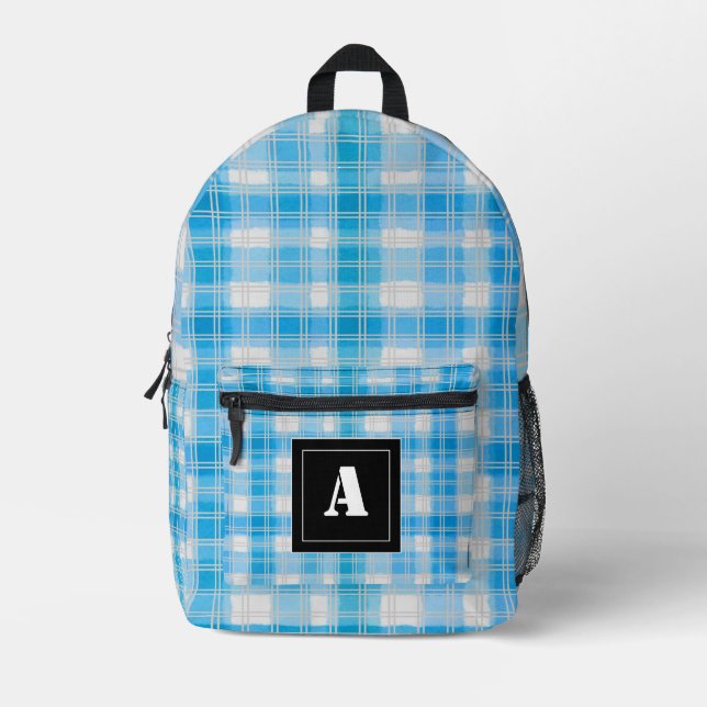 Plaid Pattern Gingham Check Light Blue Monogram Printed Backpack (Front)