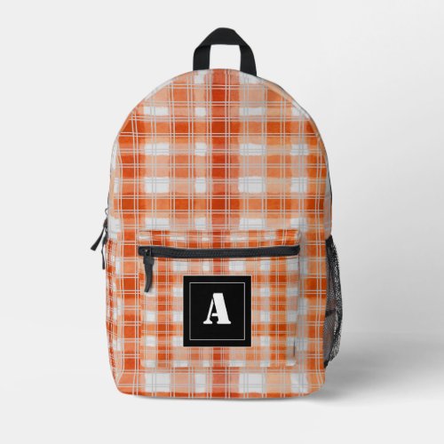 Plaid Pattern Gingham Check Orange Monogram Printed Backpack