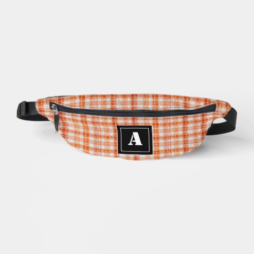 Plaid Pattern Gingham Check Orange White Monogram Fanny Pack