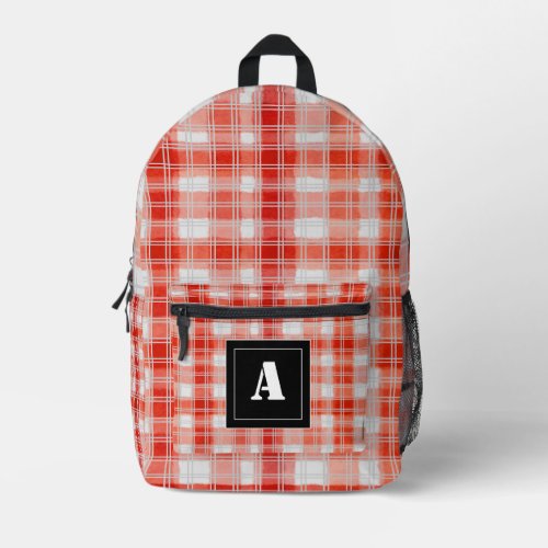 Plaid Pattern Gingham Check Red White Monogram Printed Backpack