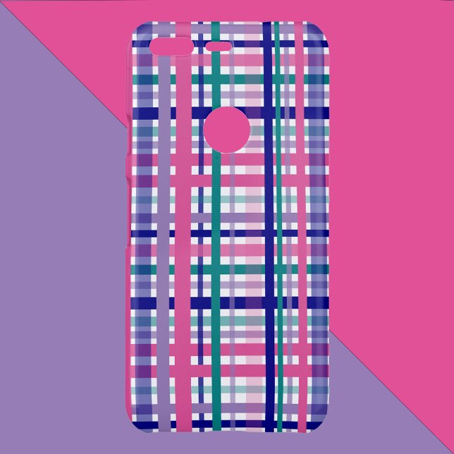 Plaid Pattern Navy Blue Purple Pink Teal Uncommon Google Pixel Case (A phone case with a plaid pattern done with pink, purple, blue and teal lines on a white background.)