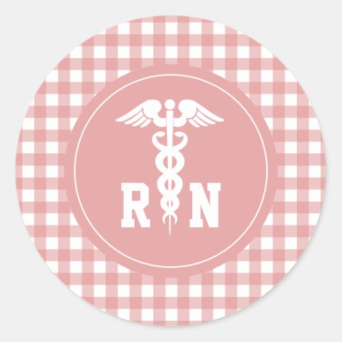 Plaid Pattern RN Registered Nurse Caduceus Symbol Classic Round Sticker