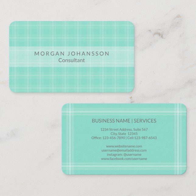 Plaid Pattern Stylish Teal Blue and White Striped Business Card (Front/Back)