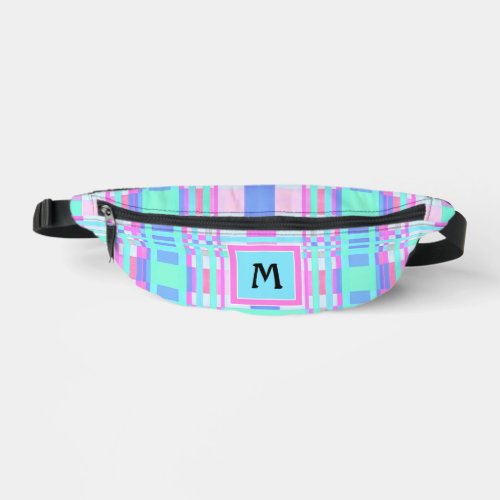 Plaid Pattern Tartan Check Blue Pink Monogram Fanny Pack