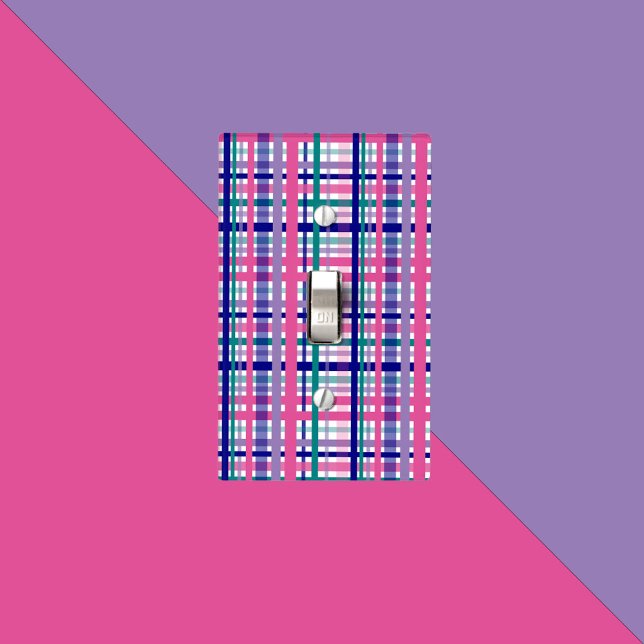 Plaid Pattern Teal Navy Blue Purple Pink Light Switch Cover (A light switch cover with a pink, blue, purple and teal plaid pattern on a white background.)