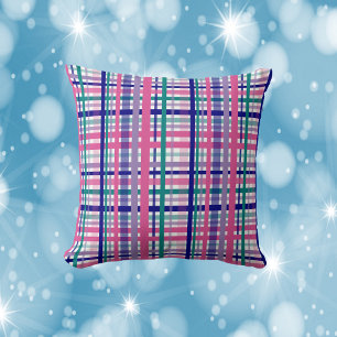 Plaid Pattern Teal Purple Navy Blue Berry Pink Throw Pillow