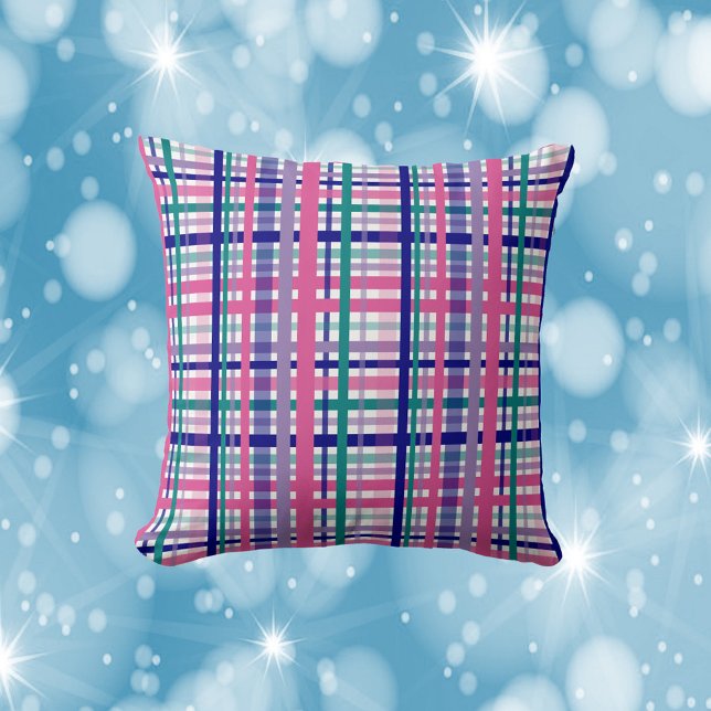 Plaid Pattern Teal Purple Navy Blue Berry Pink Throw Pillow (A throw pillow with a purple, teal, pink and blue plaid pattern.)