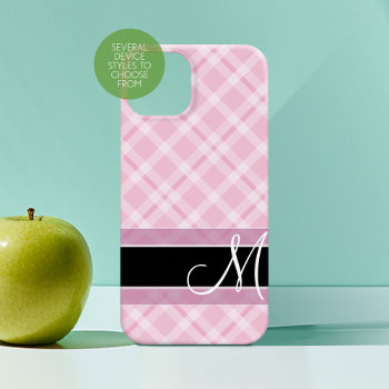 Plaid Pattern With Monogram - Black Blush Pink Iphone 13 Mini Case by icases at Zazzle