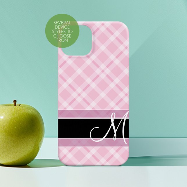 Plaid Pattern with Monogram - black blush pink Case-Mate iPhone Case (Personalized Phone Case with Custom Monogram)