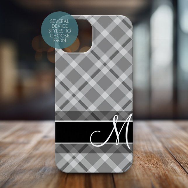 Plaid Pattern with Monogram - black white gray Iphone Case (Personalized Phone Case with Huge Monogram)