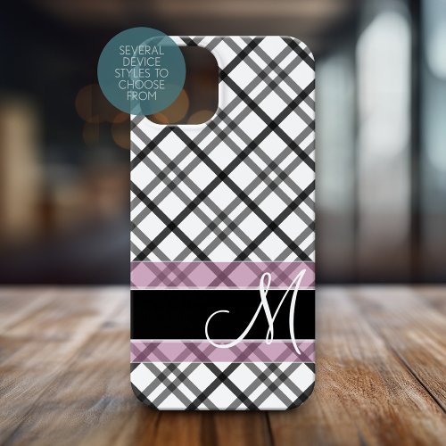 Plaid Pattern with Monogram _ black white pink iPhone 15 Case