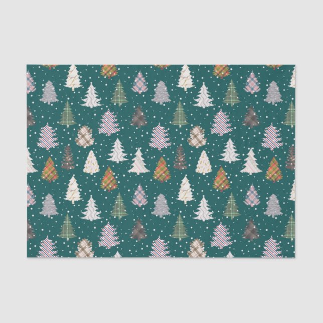 Plaid Patterned Christmas Trees Pattern in Green Tissue Paper (Front)