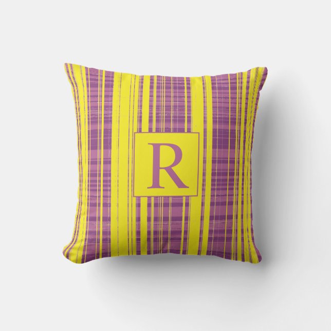 Plaid Patterns Stripes Monogram Purple Yellow Outdoor Pillow (Front)