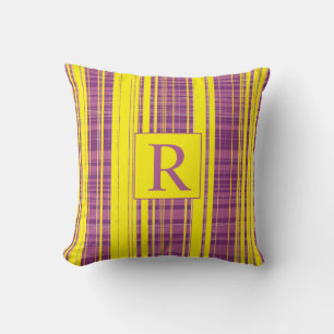 Plaid Patterns Stripes Monogram Purple Yellow Throw Pillow