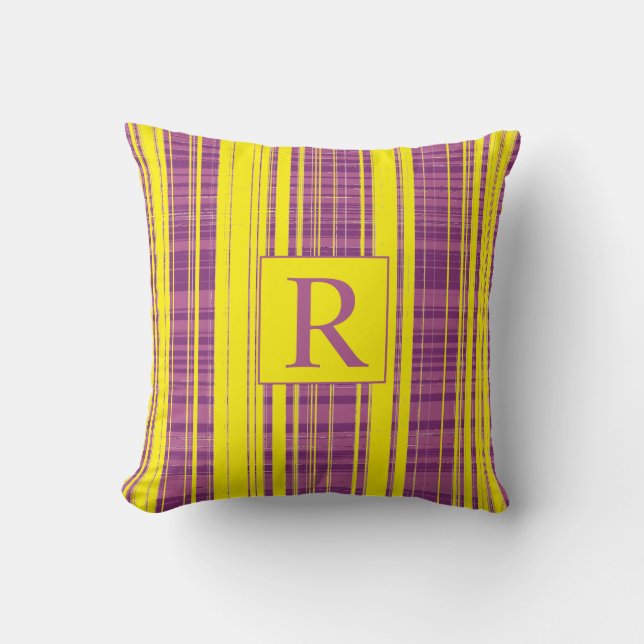 Plaid Patterns Stripes Monogram Purple Yellow Throw Pillow (Front)