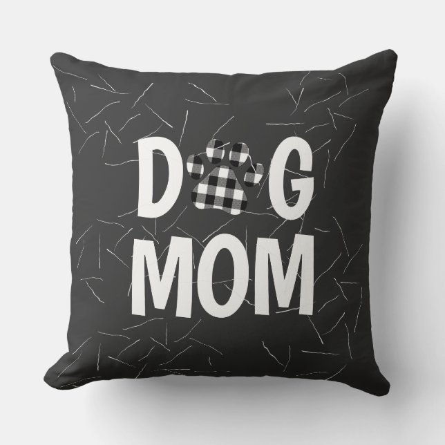 Plaid Paw DOG MOM Text with Hair Throw Pillow (Front)