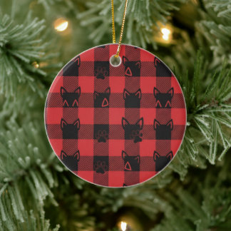 Plaid Paws Buffalo Plaid with Cat Ears and Paw Ceramic Ornament