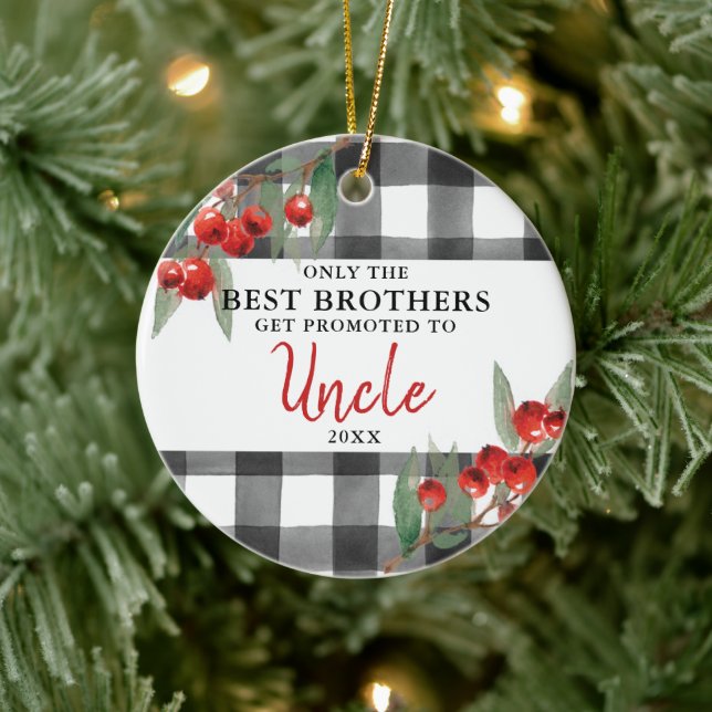 Plaid Personalized Best Brothers Promoted to Uncle Ceramic Ornament (Tree)