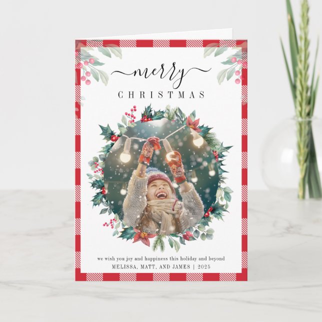 Plaid Photo Mistletoe Rustic Gingham Christmas Holiday Card (Front)