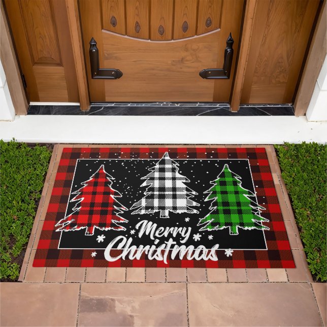Plaid Pine Trees and Snowflakes Christmas Greeting Doormat (Outdoor)