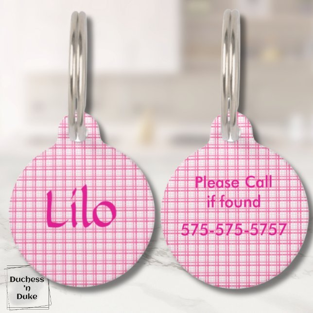 Plaid Pink and White Pattern Pet ID Tag (Plaid Pink and White Pattern Pet ID Tag)