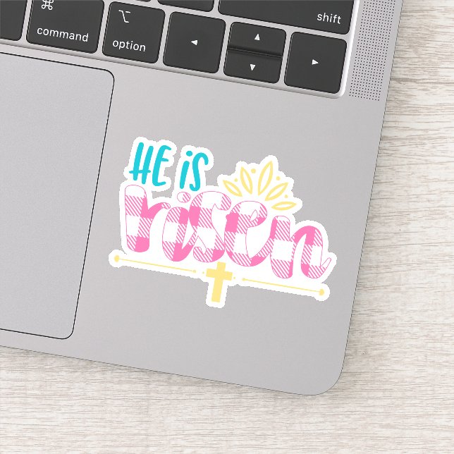Plaid Pink Blue He is Risen Cross Vinyl Sticker (Detail)