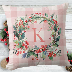 Plaid Pink Monogram Greenery Christmas Wreath Throw Pillow