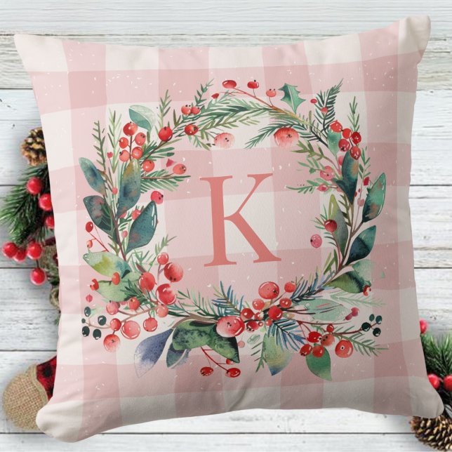 Plaid Pink Monogram Greenery  Christmas Wreath Throw Pillow (Creator Uploaded)