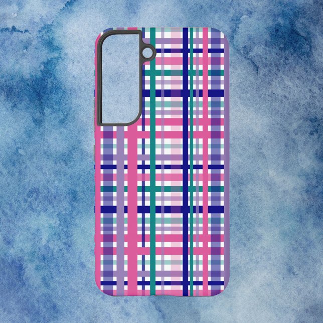 Plaid Pink Teal Navy Blue Purple Samsung Galaxy Case (A phone case featuring a pink, blue, teal and purple plaid pattern on a white background)
