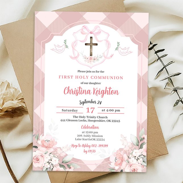 Plaid Pink Watercolor Crest First Holy Communion Invitation (Creator Uploaded)