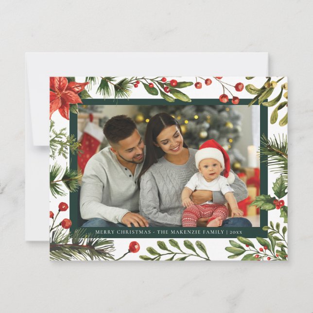 Plaid Poinsettia Family Photo MacKenzie Tartan Holiday Card (Front)